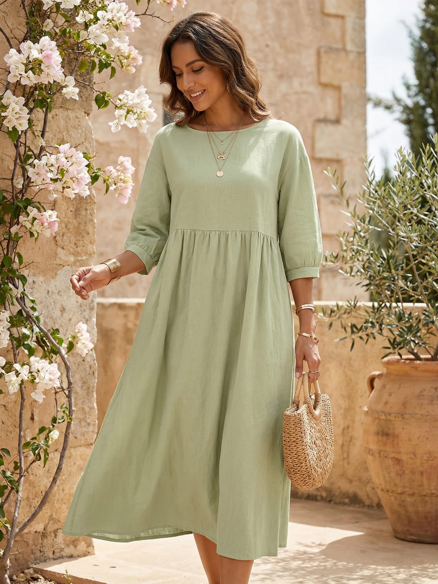 Stylish Women's Midi Dress with Lantern Sleeves & Comfortable Fit for All-Day Wear
