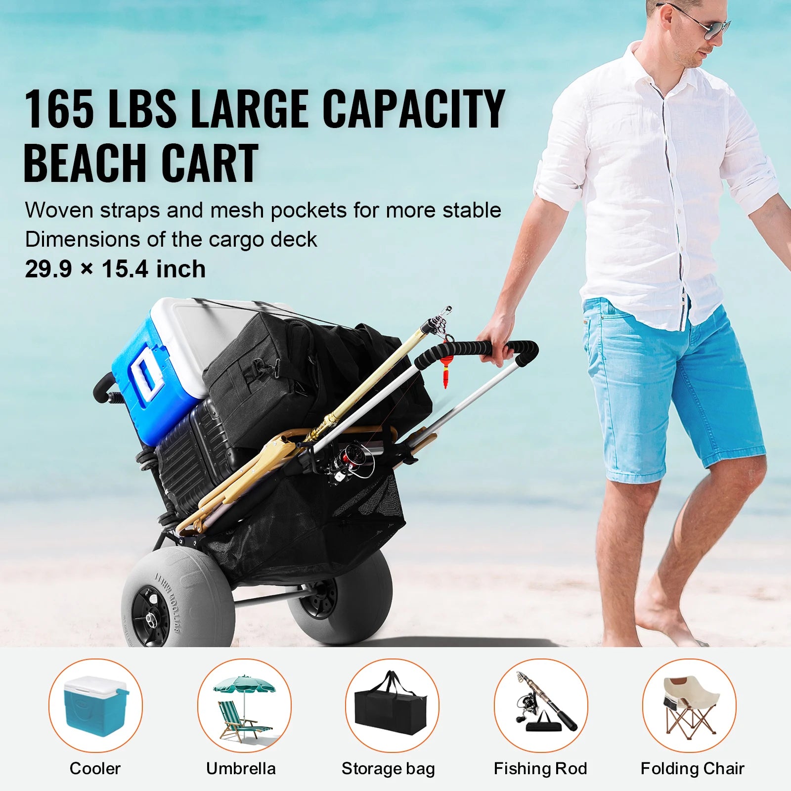 Folding Beach Cart with Large Balloon Wheels for Sand 165LB Capacity
