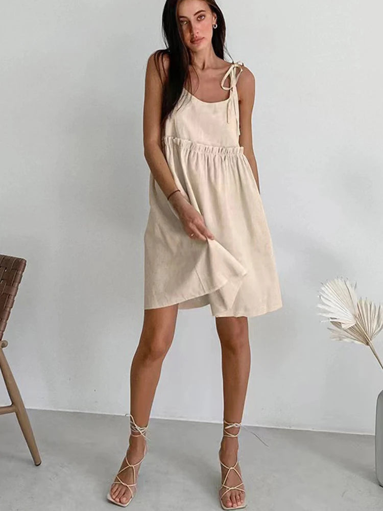 Cotton Linen Backless Vest Mini Dress