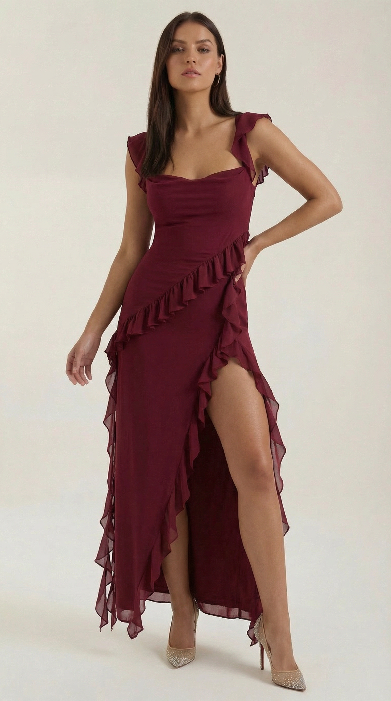 Sandra Ruffled Maxi Dress — Women’s Square Neck Ruffle Strap High Slit Bodycon Evening Gown Formal Party Dress
