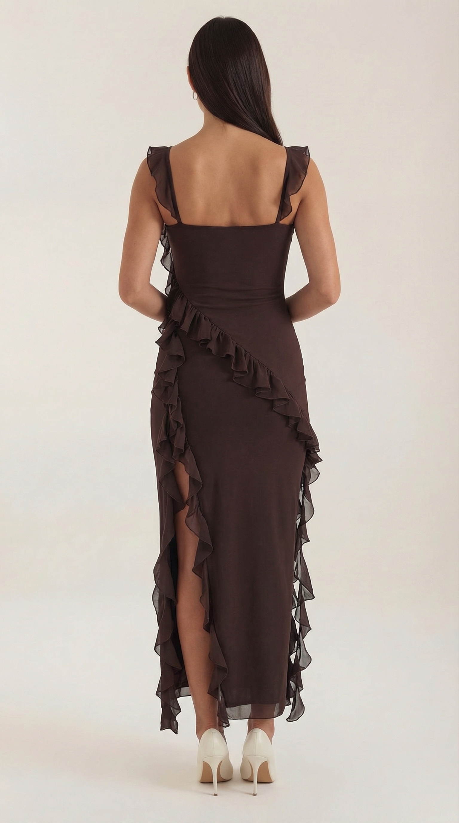 Sandra Ruffled Maxi Dress — Women’s Square Neck Ruffle Strap High Slit Bodycon Evening Gown Formal Party Dress