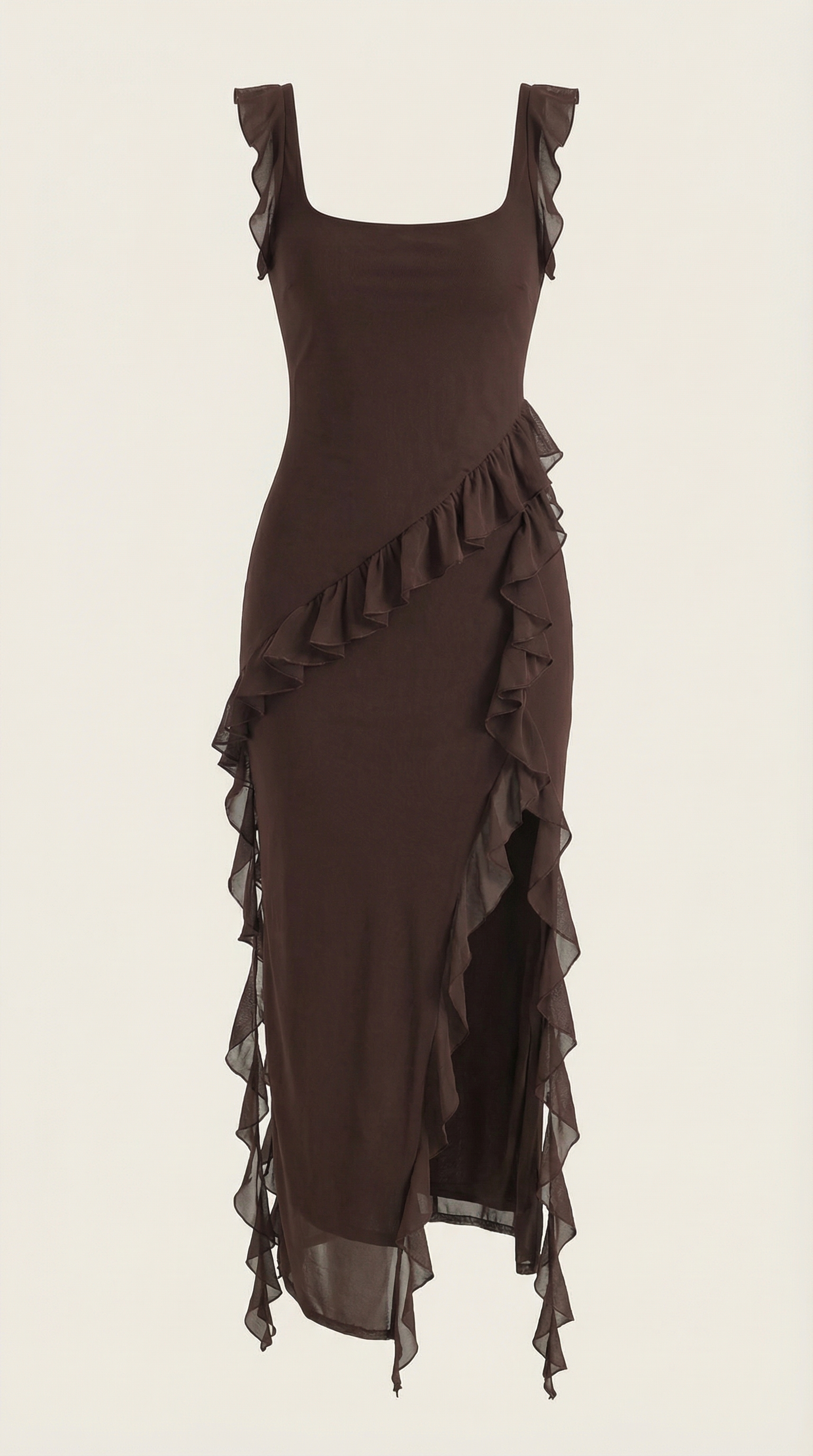 Sandra Ruffled Maxi Dress — Women’s Square Neck Ruffle Strap High Slit Bodycon Evening Gown Formal Party Dress