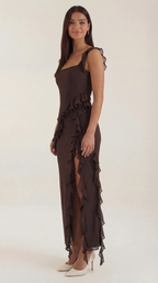 Women’s Ruffled Maxi Dress – Square Neck Bodycon Evening Gown with High Slit Formal Dress