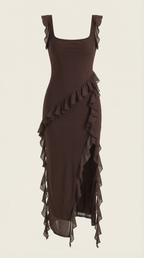Women’s Ruffled Maxi Dress – Square Neck Bodycon Evening Gown with High Slit Formal Dress