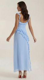 Women’s Ruffled Maxi Dress – Square Neck Bodycon Evening Gown with High Slit Formal Dress