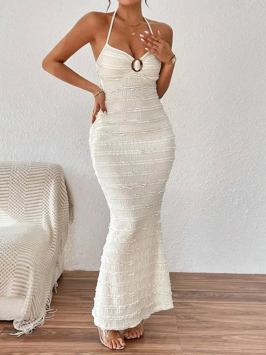 Women's Textured Halter Neck Mermaid Maxi Dress  Sleeveless Evening Party Gown
