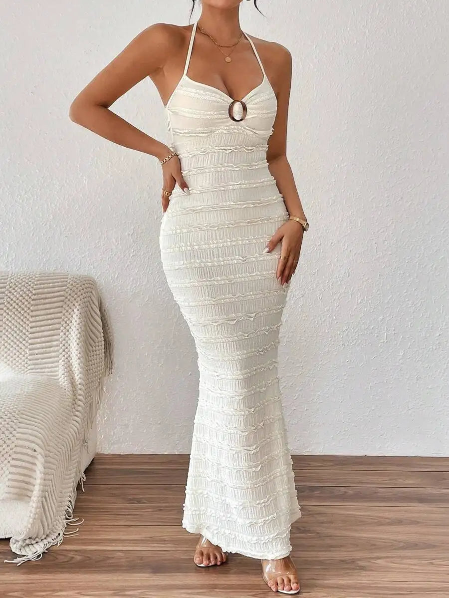 Women's Textured Halter Neck Mermaid Maxi Dress  Sleeveless Evening Party Gown