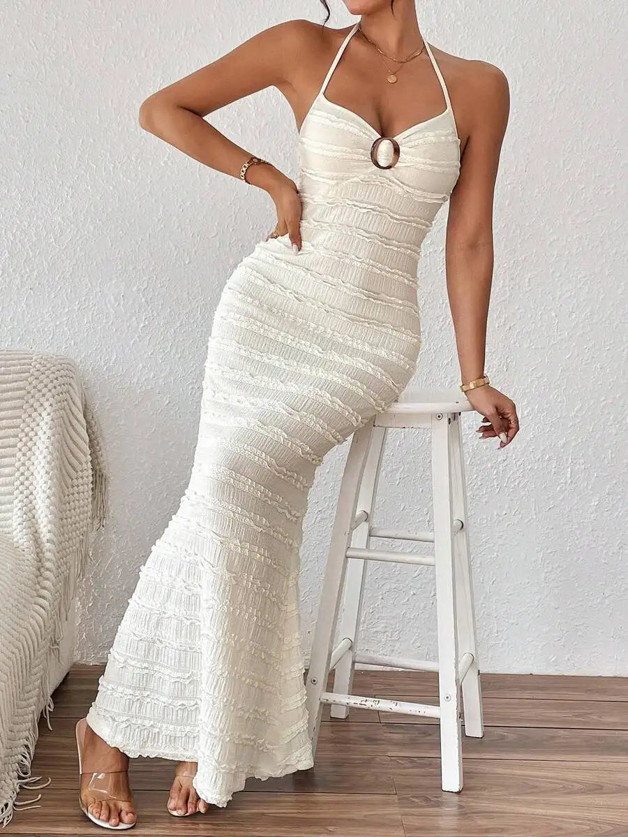 Women's Textured Halter Neck Mermaid Maxi Dress  Sleeveless Evening Party Gown
