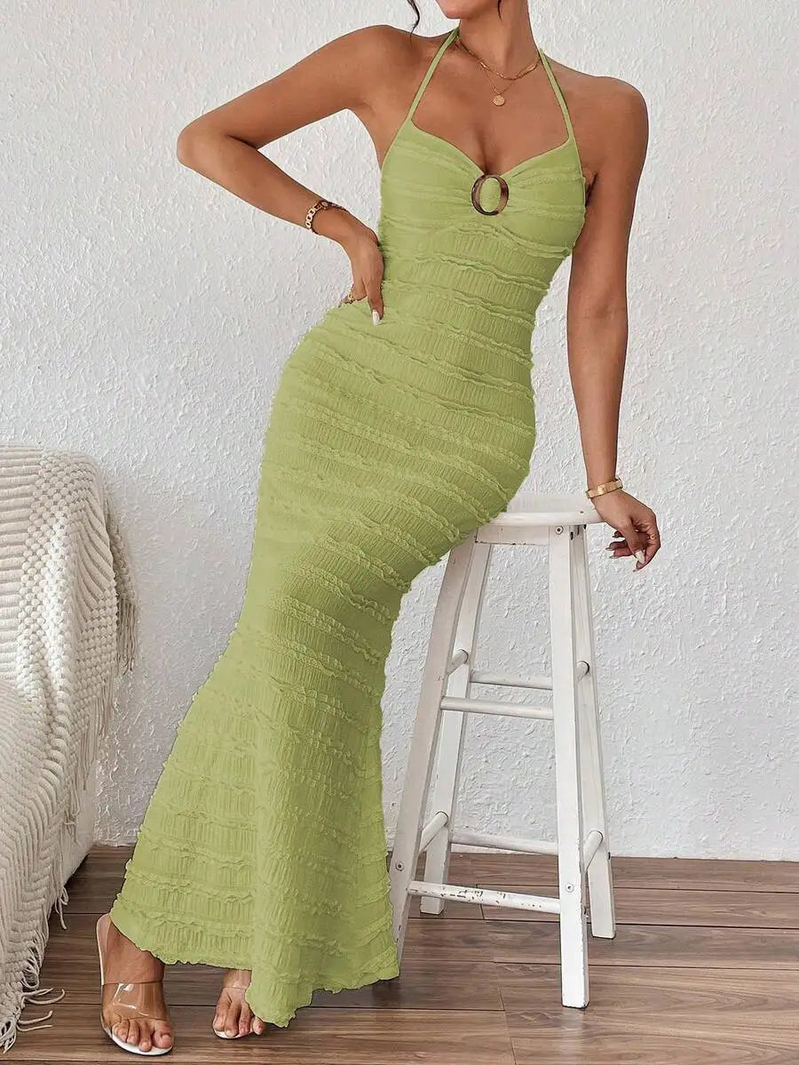 Women's Textured Halter Neck Mermaid Maxi Dress  Sleeveless Evening Party Gown