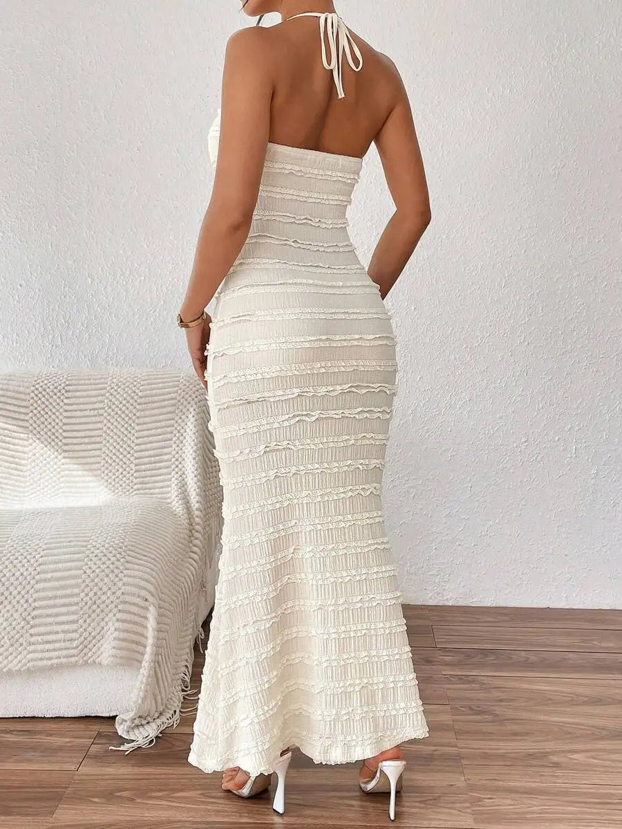Women's Textured Halter Neck Mermaid Maxi Dress  Sleeveless Evening Party Gown