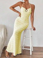 Women's Textured Halter Neck Mermaid Maxi Dress  Sleeveless Evening Party Gown