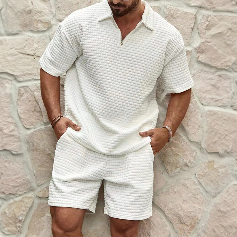 Men’s Waffle Tracksuit Set — Half Zip Polo Shirt & Shorts Summer Casual Loose Fit Outfit