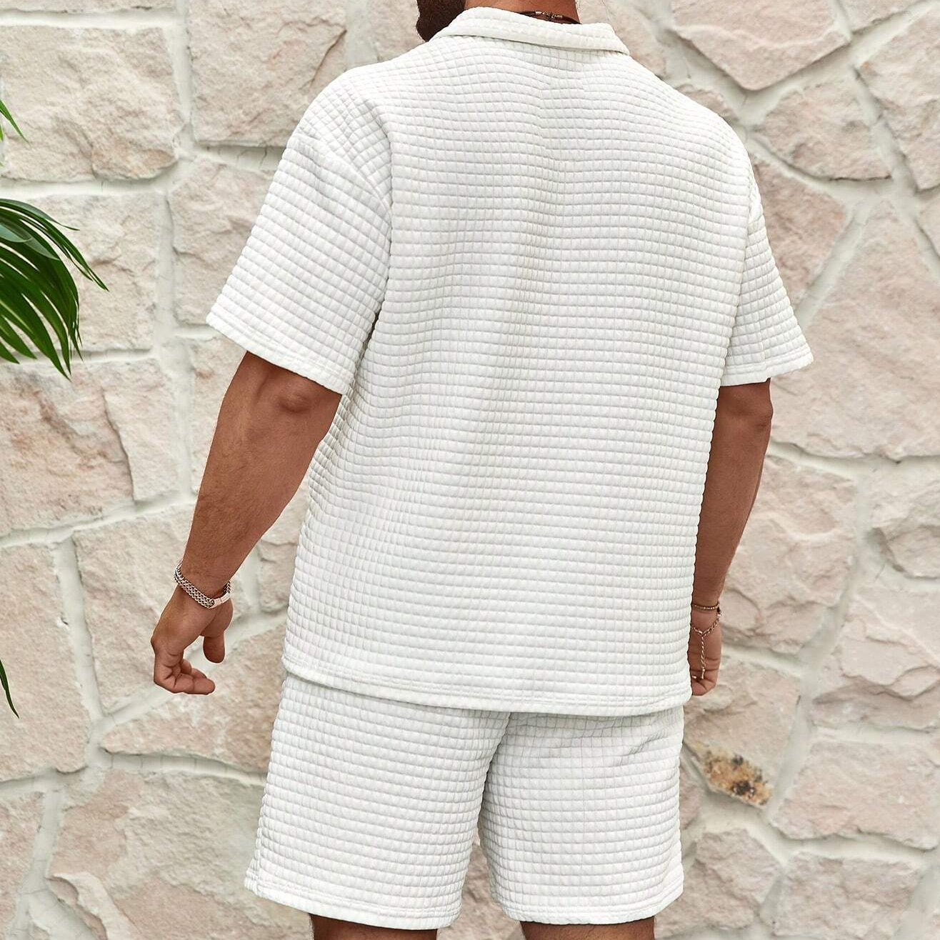 Men’s Waffle Tracksuit Set — Half Zip Polo Shirt & Shorts Summer Casual Loose Fit Outfit