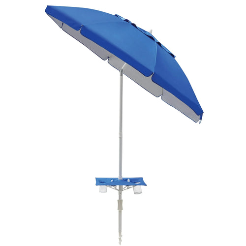 7 ft beach umbrella open on sand, portable UV sun shade parasol with tilt
