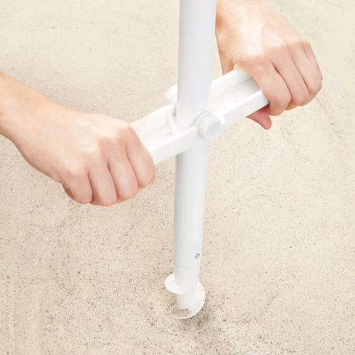Beach umbrella canopy showing UPF 50 plus UV protection fabric