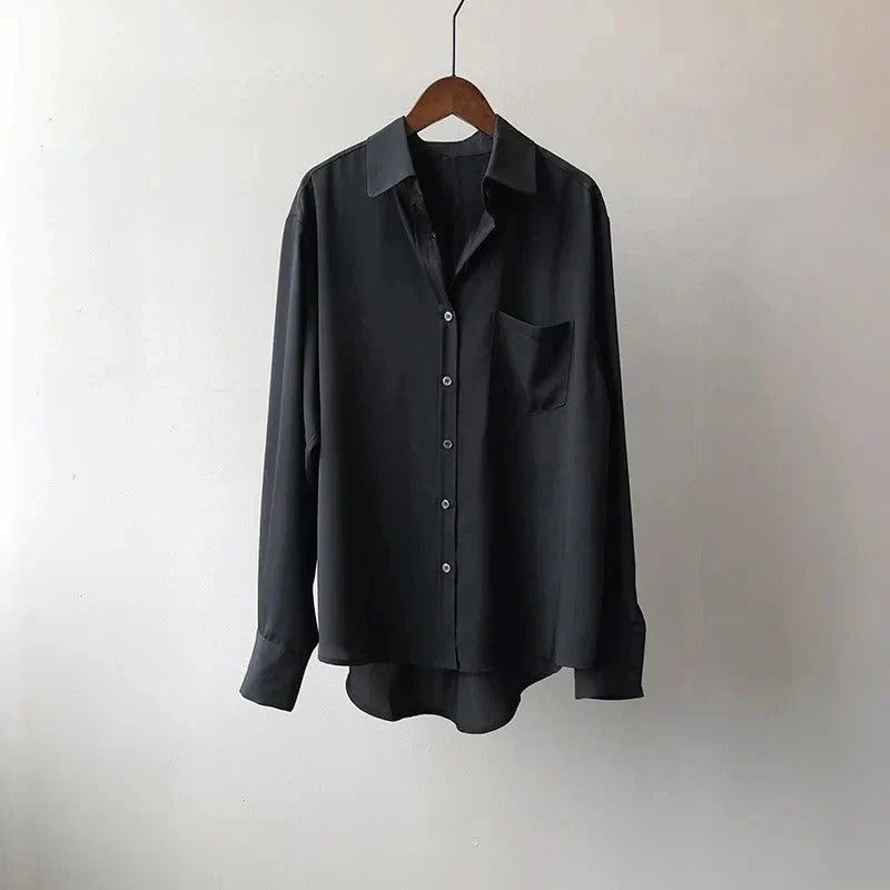 Women's Relaxed Fit Button-Up Shirt — Casual Long Sleeve Shirt with Chest Pocket, Everyday Smart Casual Top