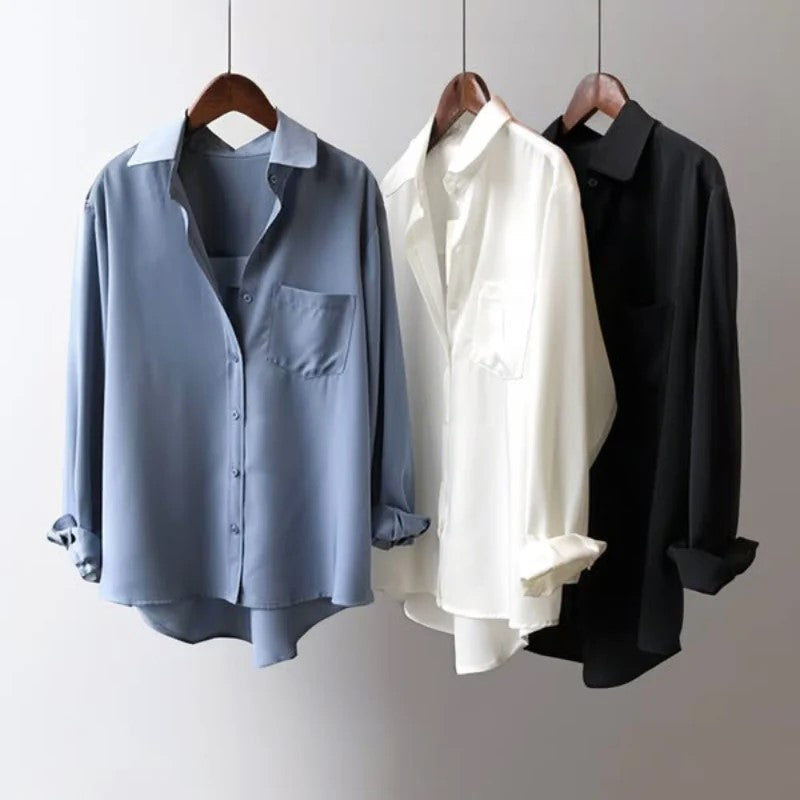 Women's Relaxed Fit Button-Up Shirt — Casual Long Sleeve Shirt with Chest Pocket, Everyday Smart Casual Top