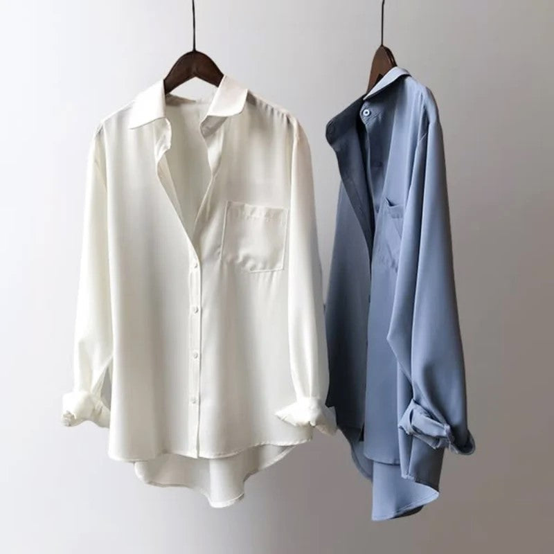 Women's Relaxed Fit Button-Up Shirt — Casual Long Sleeve Shirt with Chest Pocket, Everyday Smart Casual Top