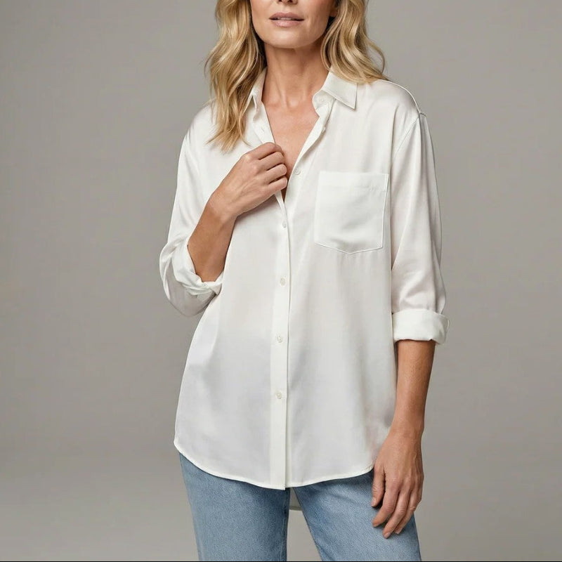 Women's Relaxed Fit Button-Up Shirt — Casual Long Sleeve Shirt with Chest Pocket, Everyday Smart Casual Top