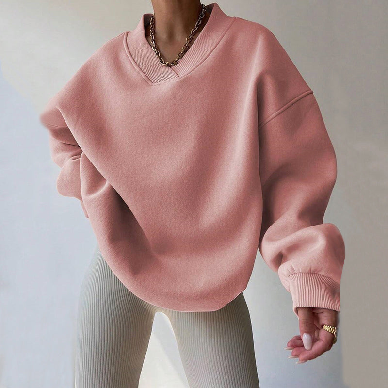 Women’s Pastel Oversized V-Neck Sweatshirt — Cozy Cotton Blend Relaxed Fit Pullover with Ribbed Cuffs