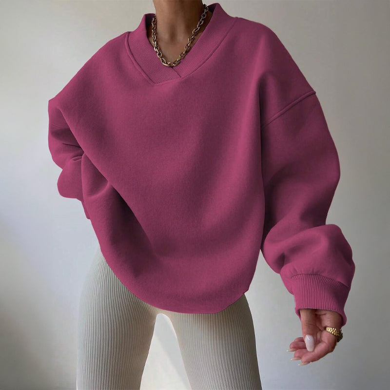 Women’s Pastel Oversized V-Neck Sweatshirt — Cozy Cotton Blend Relaxed Fit Pullover with Ribbed Cuffs