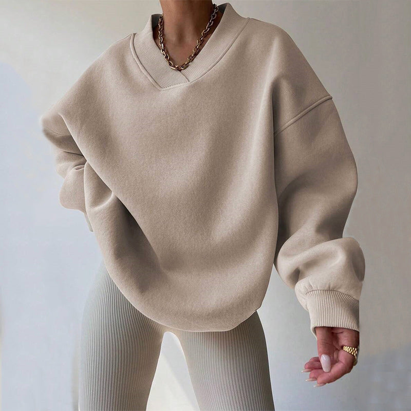 Women’s Pastel Oversized V-Neck Sweatshirt — Cozy Cotton Blend Relaxed Fit Pullover with Ribbed Cuffs