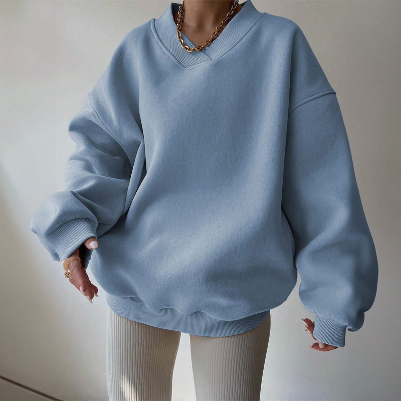 Women’s Pastel Oversized V-Neck Sweatshirt — Cozy Cotton Blend Relaxed Fit Pullover with Ribbed Cuffs