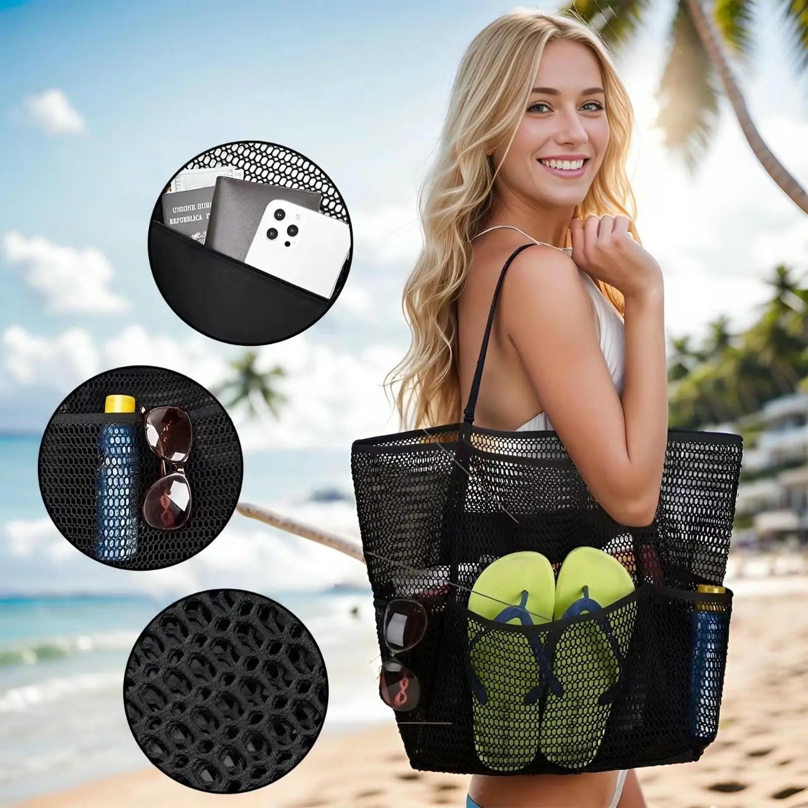 Versatile Beach Tote Bag | Large Capacity Polyester Beach Bag with Open Top Design | Stylish Tote for Travel and Shopping