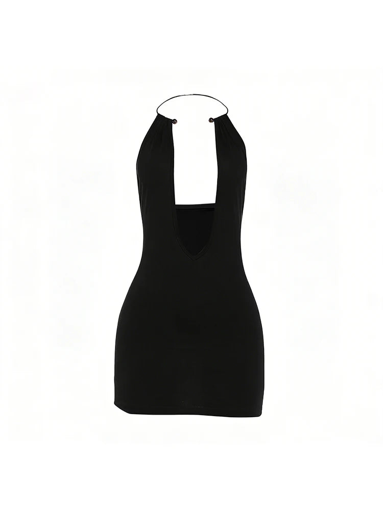 Women’s Backless Halter Mini Dress – Metal Ring Party Bodycon