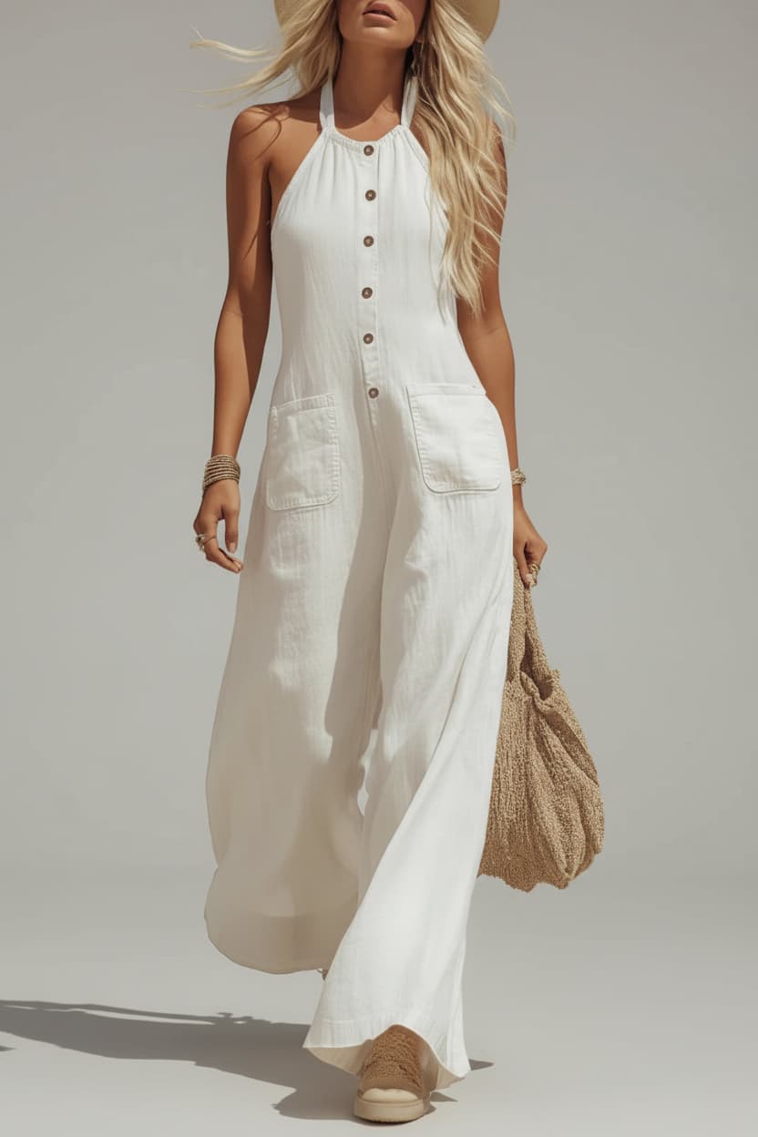 Women’s White Halter Wide Leg Jumpsuit – Linen Look Button Front Casual Chic Vacation Romper with Pockets