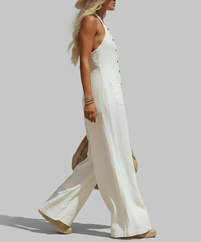 Women’s White Halter Wide Leg Jumpsuit – Linen Look Button Front Casual Chic Vacation Romper with Pockets