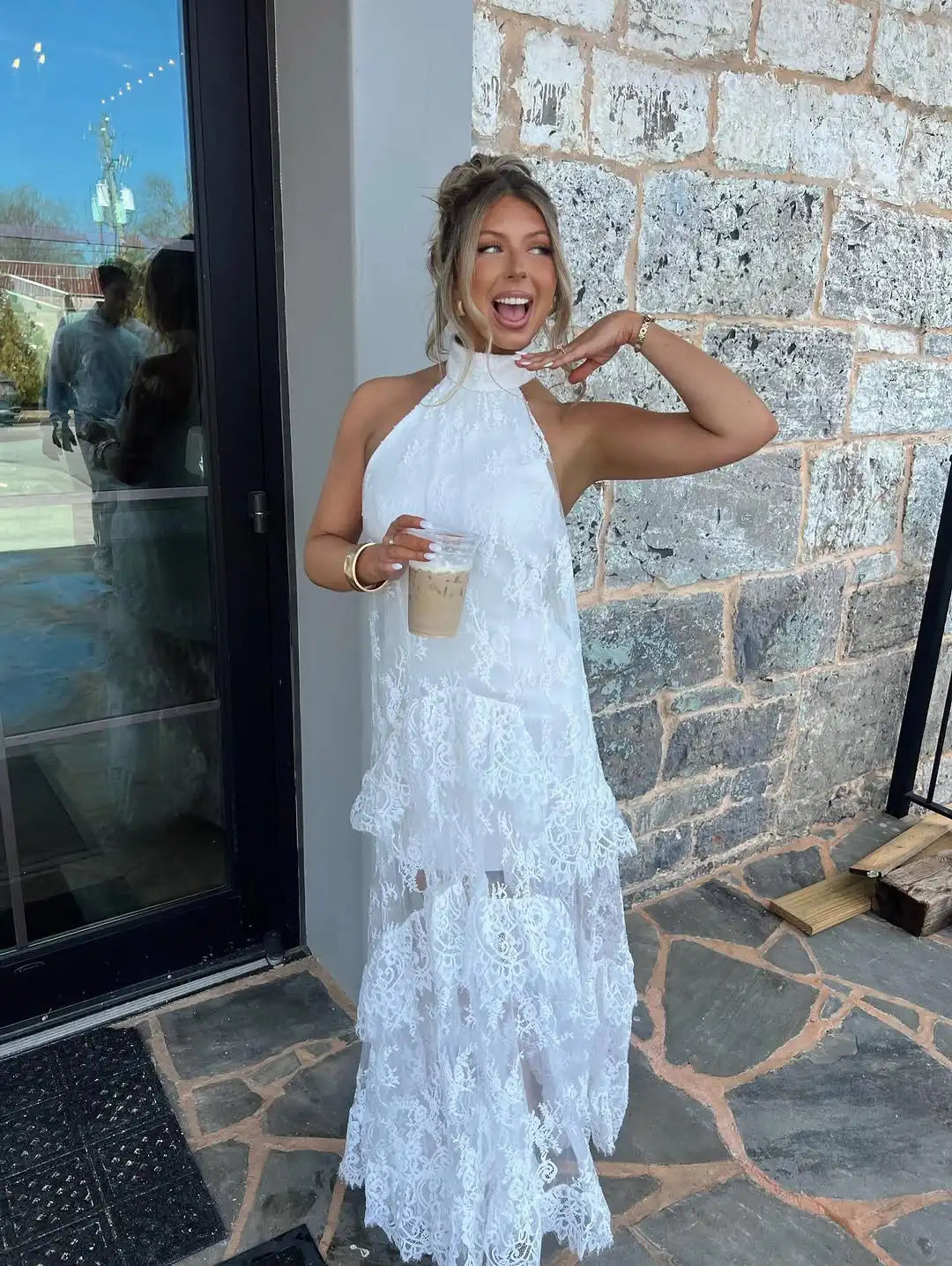 Women's White Lace Halter Neck Tiered Maxi Dress  Boho Backless Floral Wedding Guest Summer Gown