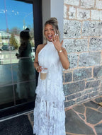 Women's White Lace Halter Neck Tiered Maxi Dress  Boho Backless Floral Wedding Guest Summer Gown