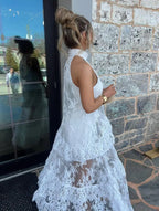 Women's White Lace Halter Neck Tiered Maxi Dress  Boho Backless Floral Wedding Guest Summer Gown