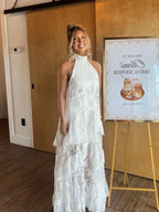 Women's White Lace Halter Neck Tiered Maxi Dress  Boho Backless Floral Wedding Guest Summer Gown
