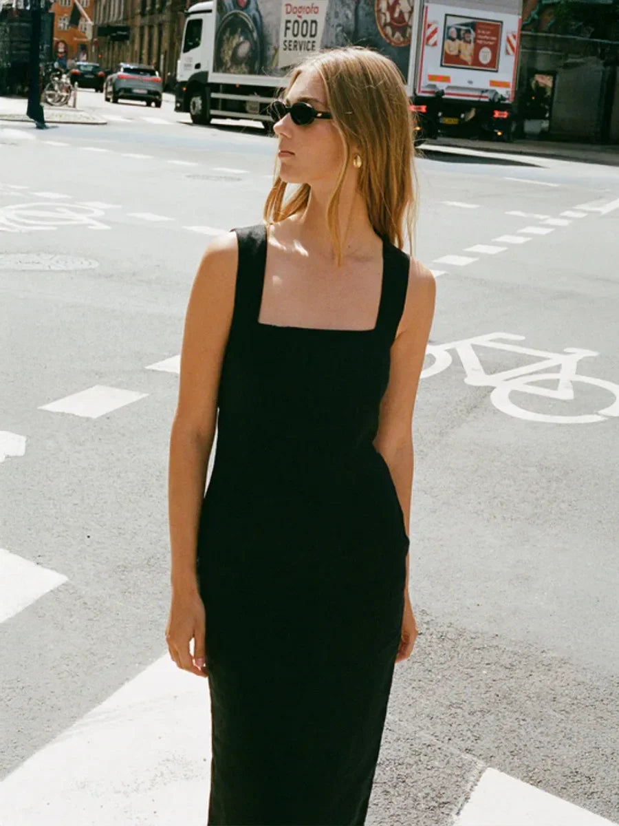 Cotton Linen Square Neck Suspender Maxi Dress – Women's Slim Fit Summer Dress