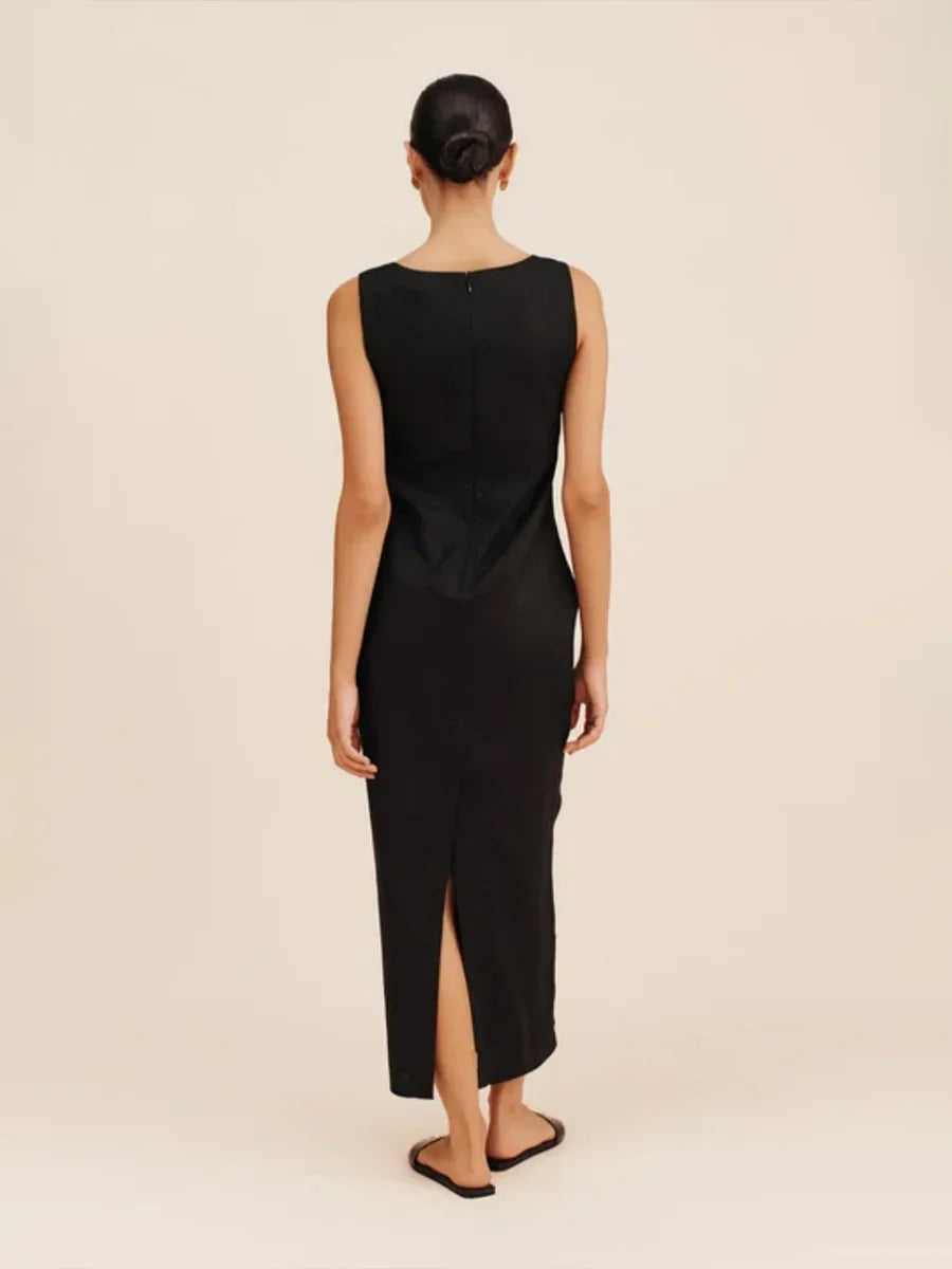 Cotton Linen Square Neck Suspender Maxi Dress – Women's Slim Fit Summer Dress