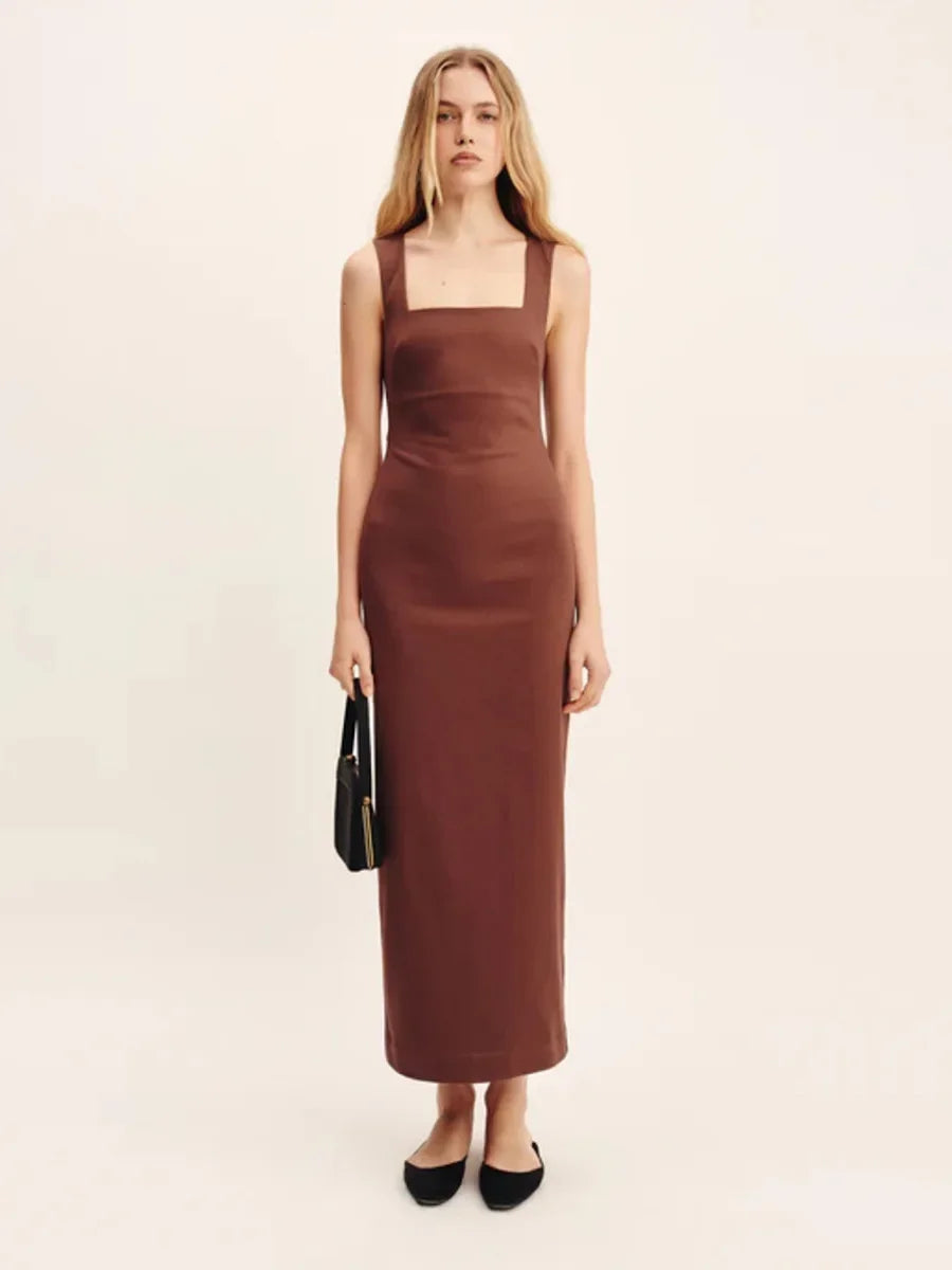 Cotton Linen Square Neck Suspender Maxi Dress – Women's Slim Fit Summer Dress