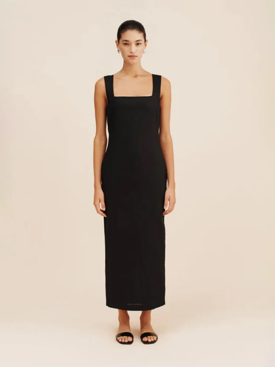 Cotton Linen Square Neck Suspender Maxi Dress – Women's Slim Fit Summer Dress