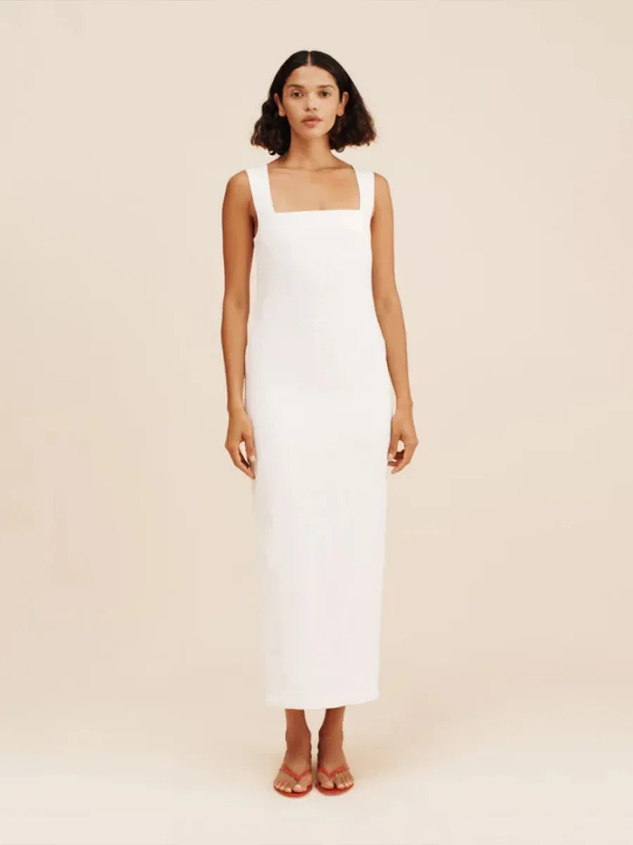 Cotton Linen Square Neck Suspender Maxi Dress – Women's Slim Fit Summer Dress