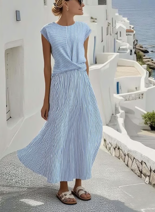 100% Belgian Linen Women's Midi Dress Twisted Front Short Sleeve for Summer