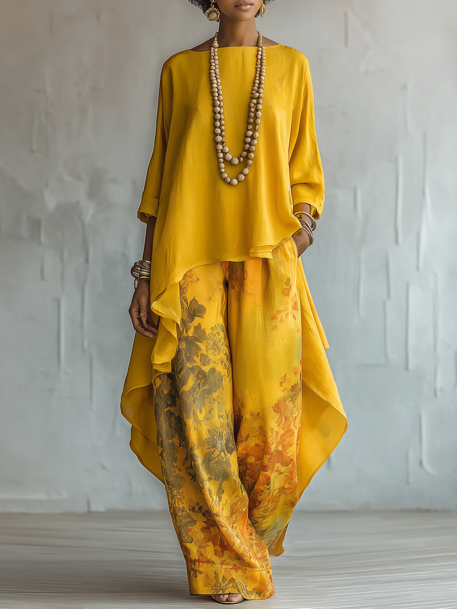 Yellow Two Piece Outfit  Women's High-Low Tunic Top & Floral Wide Leg Pants Set