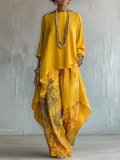 Yellow Two Piece Outfit  Women's High-Low Tunic Top & Floral Wide Leg Pants Set