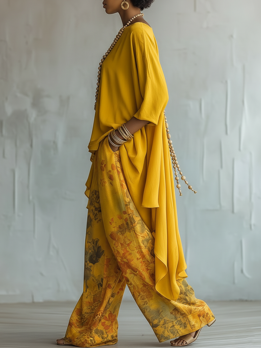 Yellow Two Piece Outfit  Women's High-Low Tunic Top & Floral Wide Leg Pants Set