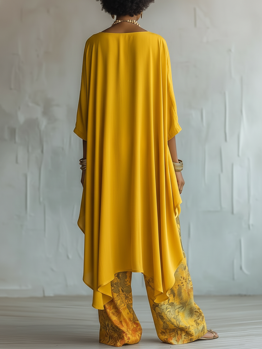 Yellow Two Piece Outfit  Women's High-Low Tunic Top & Floral Wide Leg Pants Set
