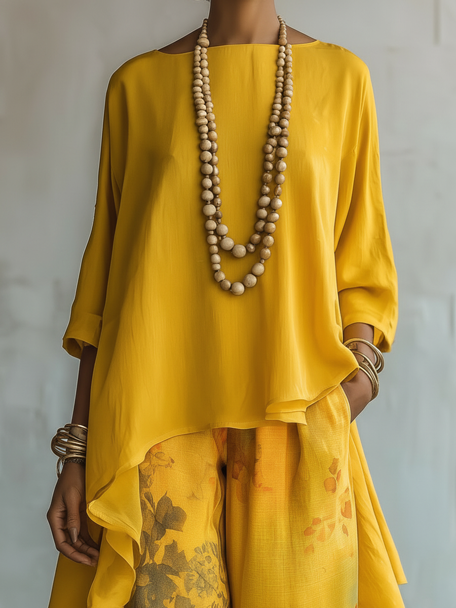 Yellow Two Piece Outfit  Women's High-Low Tunic Top & Floral Wide Leg Pants Set