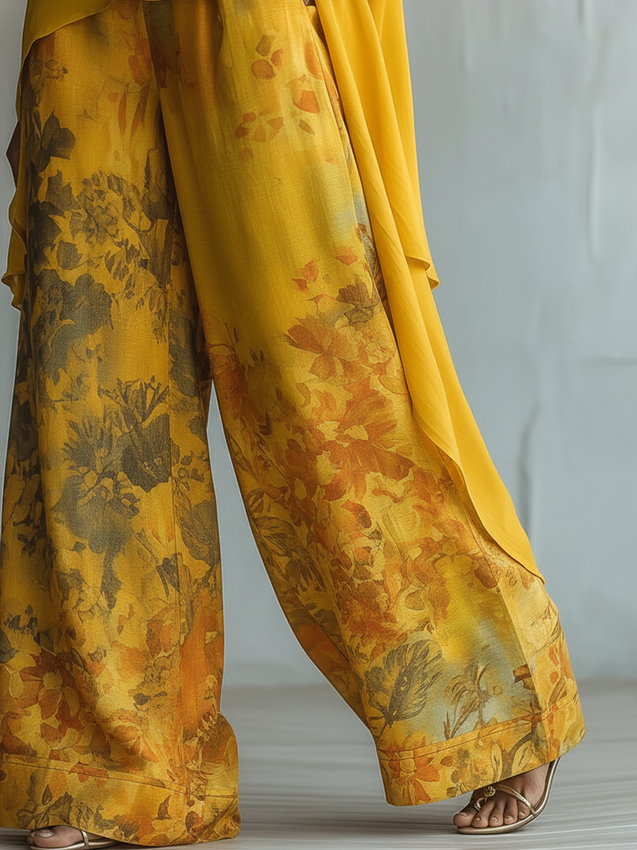 Yellow Two Piece Outfit  Women's High-Low Tunic Top & Floral Wide Leg Pants Set