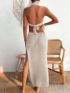 Women’s Beige Crochet Halter Maxi Beach Dress