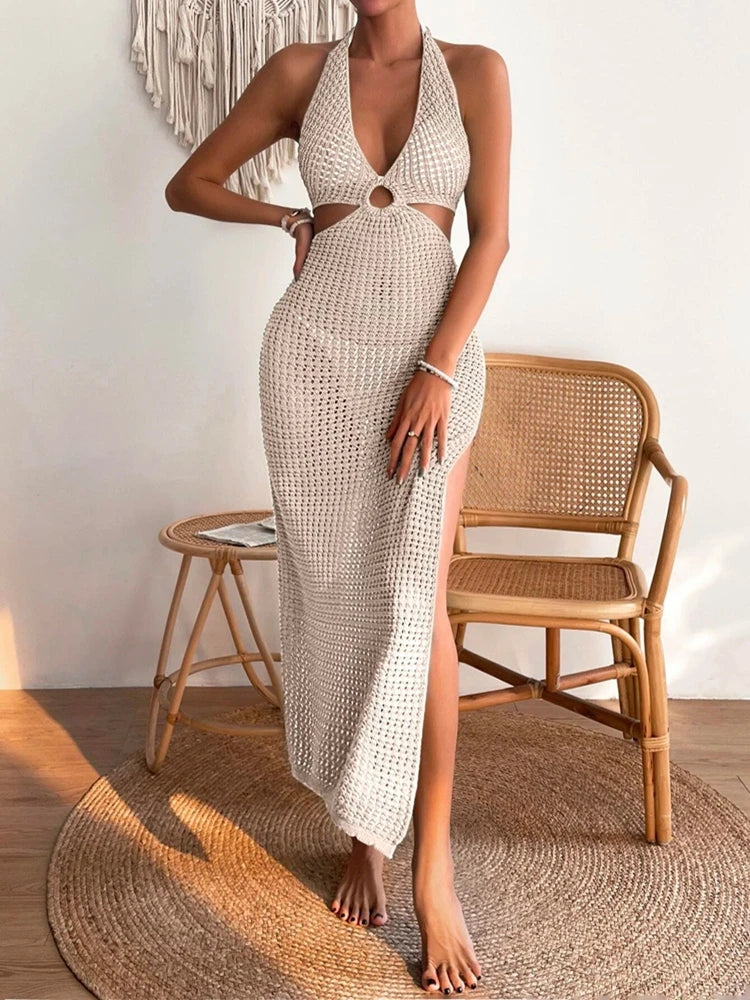 Women's Beige Crochet Halter Maxi Beach Dress – Pupir
