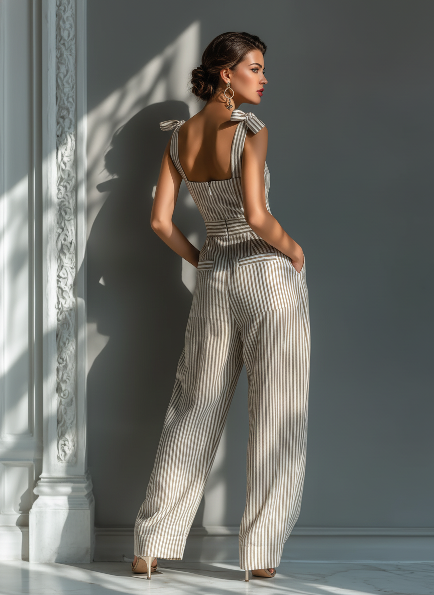 Women’s Striped Linen Blend Wide-Leg Jumpsuit – Square Neck Tie Strap Resort Wear